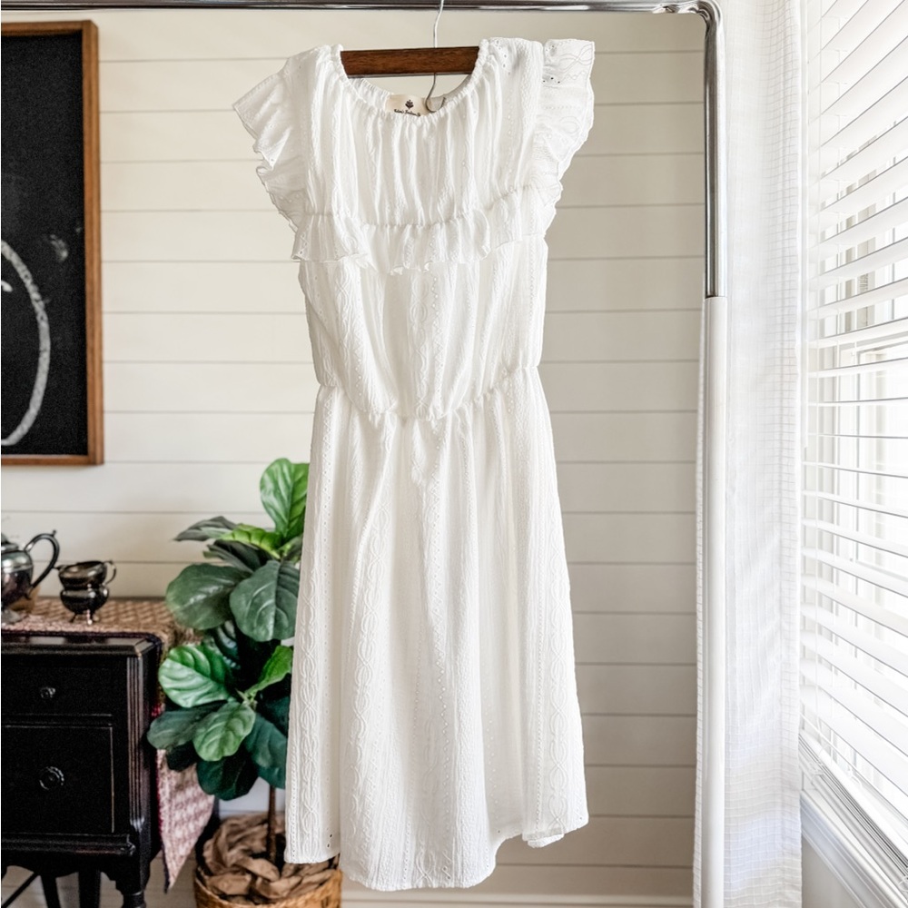 Elegant White Midi Dress with Ruffle Accents Baby Shower Dress Beach Dress